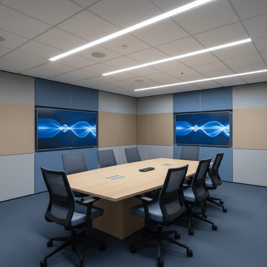 Interior view of a modular conference room showing acoustic wall panels, integrated lighting, and professional furniture